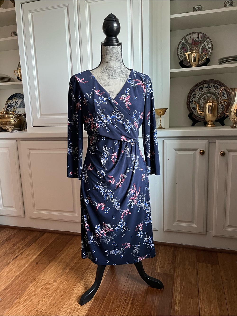 Lauren Ralph Lauren Navy Floral Faux-Wrap Midi Dress